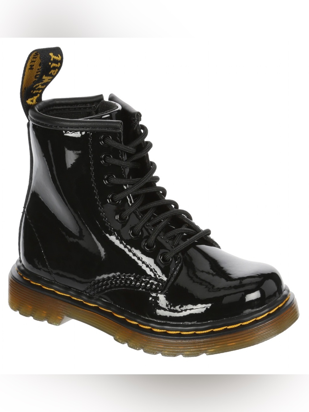 Dr. Martens Kids Black Patent Lace-Up Combat Boots with Yellow Heel Loop